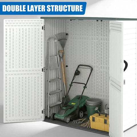 Interior view of Vertical Resin Outdoor Storage Shed For Tools And Patio Gear Waterproof Garden Cabinet 386 Gallon Capacity