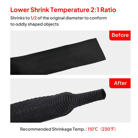 2 In 1 Heat Shrink Braided Sleeving Fabric Tubing For Irregular Shape Hoses And Cables, showing before and after shrinkage