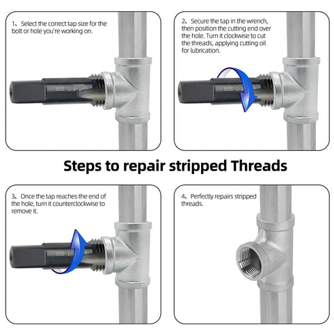 Step-by-step guide using 1/4-18 NPT Pipe Tap and 7/16 Inch Drill Bit Set Carbon Steel Tough As Nails Hand Threading Plumbing Tools