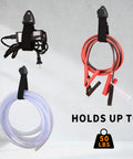 Image of Heavy Duty Garage Hooks Six Pack With Extra Hook For Added Security Dual Arm Wall Hangers For Tools Bikes Ropes Ladders And Garden Gear Holds Up To 50 lbs with cables and cords.