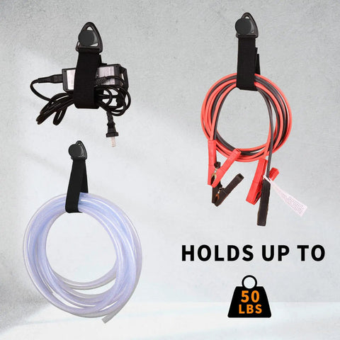 Image of Heavy Duty Garage Hooks Six Pack With Extra Hook For Added Security Dual Arm Wall Hangers For Tools Bikes Ropes Ladders And Garden Gear Holds Up To 50 lbs with cables and cords.