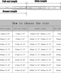 Size chart for drawer slides showing measurements for pull-out, slide, and drawer lengths.