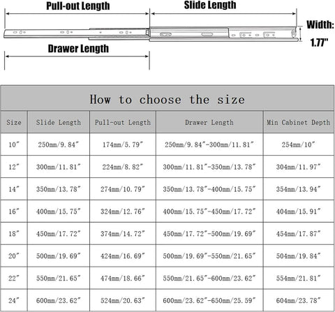 Size chart for drawer slides showing measurements for pull-out, slide, and drawer lengths.