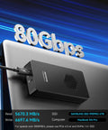 Premium M2 NVMe SSD Enclosure With Built In Cooling Fan Thunderbolt 5 4 3 And USB4 Compatible connected to MacBook M4 Pro.