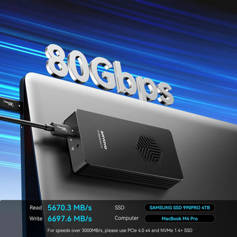 Premium M2 NVMe SSD Enclosure With Built In Cooling Fan Thunderbolt 5 4 3 And USB4 Compatible connected to MacBook M4 Pro.