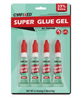 CYAFIXED Super Glue Gel four-pack mini tubes with red caps; clear all-purpose adhesive.