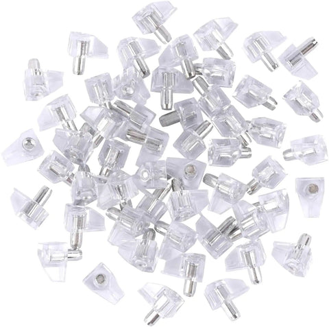 Transparent Shelf Support Pegs 95 Pack For Bookcases And Furniture 5mm Cabinet Clips in clear PVC and steel, scattered on white background.
