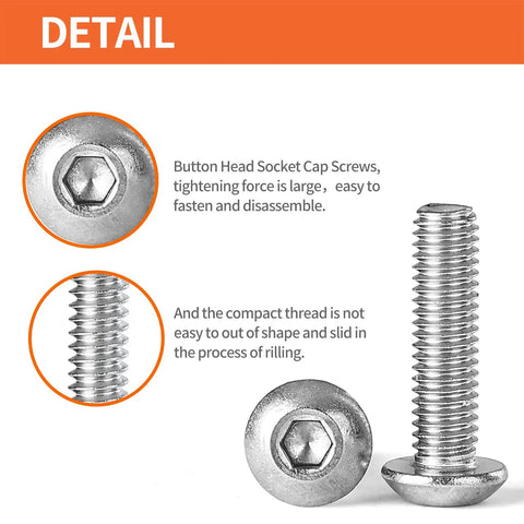 Detail of Size Ten By Thirty Two Threads Per Inch Button Head Socket Cap Screws 304 Stainless Steel, Allen Hex Drive, close-up view.