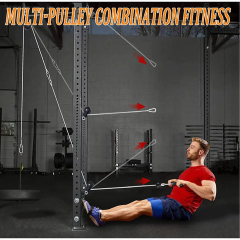 360 Degree Rotating Gym Cable Pulley With Hanging Straps And Carabiner, Heavy Duty DIY Cable Machine Attachment For Home Gym And Projects, Snatch Rigging Block 3.54 Inch Lifting Blocks, used in a multi-pulley gym setup