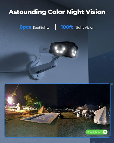 4K PoE Security Camera System With Dual Outdoor Cameras mounted on wall showing color night vision and 180 degree panoramic view