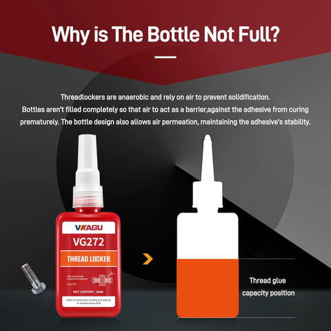 Front view of VIKAGU VG272 orange threadlocker bottle with applicator cap and small bolt beside