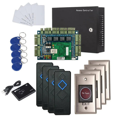 4 Door IP Based Security Access Control Kit With Metal Case And 110V Power Box, RFID Reader, Infrared Exit Button, Desktop Enroll Reader, RFID Keychains And Cards, App Lets You Remotely Open Doors, Stores 20,000 Users And 100,000 Logs