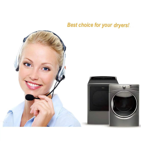 Smiling customer support with headset and Whirlpool dryer next to text 'Best choice for your dryers!'