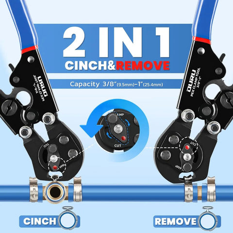 Close-up view of 2 In 1 Ratchet PEX Crimping Tool With Cinch And Remove Function, showing detailed mechanism and labels.