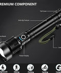 Beast Bright 99000 Lumens LED Flashlight Rechargeable With USB Cable Five Modes Waterproof Power Torch showing components