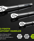 Three chrome ratchet handles with different sizes for 249-Piece Mechanics Tool Set Must-Have Pro Grade With One-Half, Three-Eighths, And One-Quarter Inch SAE And Metric Sockets, Ratchets, Hex Keys, And Combination Wrenches For Everyday Auto Repairs And Maintenance.