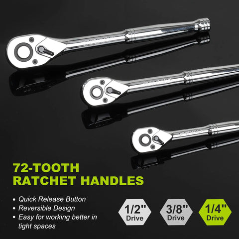 Three chrome ratchet handles with different sizes for 249-Piece Mechanics Tool Set Must-Have Pro Grade With One-Half, Three-Eighths, And One-Quarter Inch SAE And Metric Sockets, Ratchets, Hex Keys, And Combination Wrenches For Everyday Auto Repairs And Maintenance.