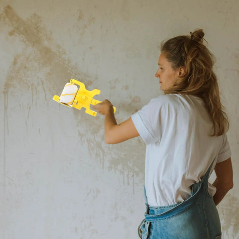 Person using Pro Paint Edger Roller With Extension Pole For Seamless Wall And Ceiling Finishing for even paint application.