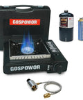 Dual Fuel Camping Stove With Wind Blocker, 10,000 BTU Portable Gas Stove For Outdoor Cooking shown with hose and case