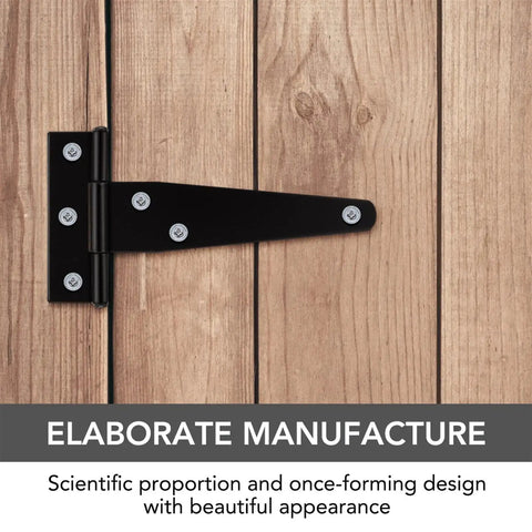 Six Piece 4 Inch T Hinges Set Anti Rust Iron Lightweight for cabinet doors, shown mounted on barn door wood surface.