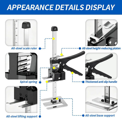 Greywolf Multi-Function Furniture Lifter With Dual Arm Jacks features steel components, height plate, and scale ruler for cabinet raising.