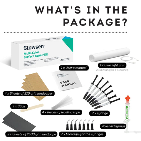 All-In-One Surface Repair Kit For Chips And Scratches Fix It Fast At Home On Tiles Countertops And Bathroom Fixtures Works On Porcelain Granite Marble Quartz Fiberglass And More package contents including sandpapers, syringes, and blue light unit
