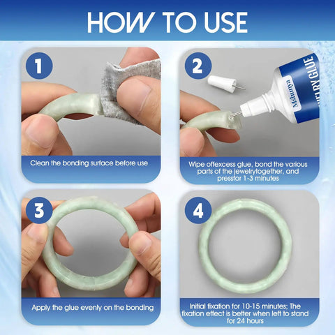 Four-step guide showing how to use 3.4 Oz Jewelry Glue For Metal And Stone With Precise Pointed Tip Quick Dry Transparent Adhesive
