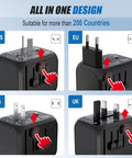 All In One Travel Adapter With 2 USB C And 2 USB A Ports for EU UK US AU plugs, shown with interchangeable adapters.