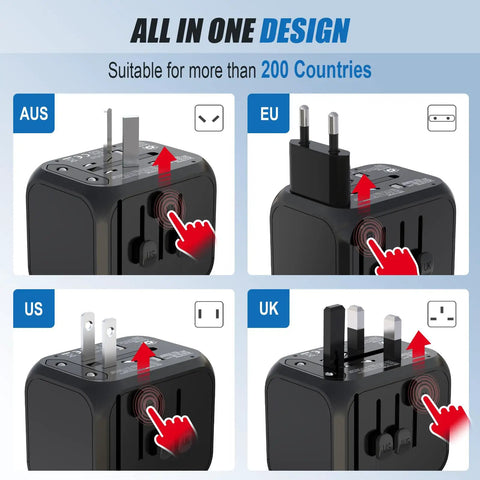 All In One Travel Adapter With 2 USB C And 2 USB A Ports for EU UK US AU plugs, shown with interchangeable adapters.