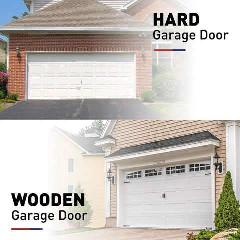 Image showing hard garage door and wooden garage door for Garage Door Seal Kit Top and Sides Weather Stripping 34.4 Ft Rubber Weatherproofing.