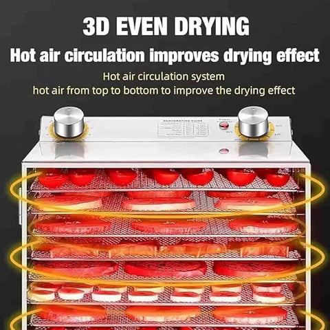 Digital adjustable timer on Heavy Duty Stainless Steel Food Dehydrator With Multi Layer Racks, showcasing 3D even drying feature.