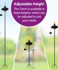 55 Inch Adjustable Outdoor Garden Torch Set With 3 Prong Grounded Stake for Patio showing three height options and snuffer