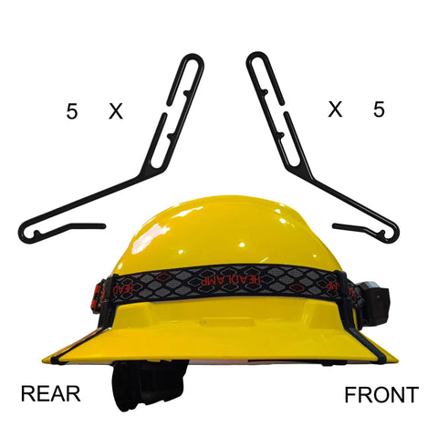 Must Have On The Job Multipurpose Full Brim Hard Hat Clips shown with yellow helmet and headlamp attachment