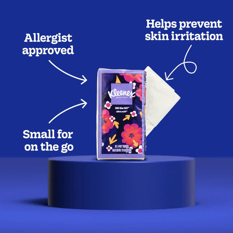 On-The-Go Pocket Pack Facial Tissues 8 Pack Bundle, allergist approved, small for travel, helps prevent skin irritation