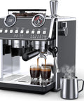Badass Espresso Machine With Integrated Grinder And Twenty Bar Pressure For Smooth Morning Sips Featuring Thirty Precision Grind Levels Five Eight Millimeter Portafilter And Pro Steam Wand For Creamy Lattes In Sleek Iron Grey with two espresso cups brewing.