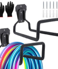 Two Pack Garden Hose Holder And Wall Mounted Hose Reel, Heavy Duty Metal Hose Hanger For Indoor Outdoor Use, black holders with gloves and screws