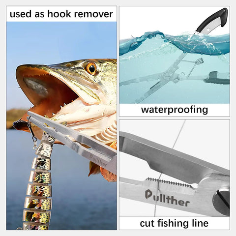 Needle Nose Fishing Pliers With Hook Remover And Lanyard used on fish, showing stainless construction and braid cutting feature