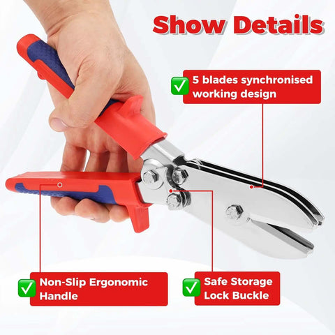 5 Blade Hand Crimper Workhorse with rust resistant build, ergonomic non-slip PVC handle, shown with lock buckle and red-blue design.