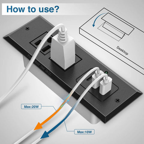 Installation guide for Underdesk Conference Power Strip With USB-C PD 20W, 2 Outlets, 2 USB-A, showcasing cable connections and diagram.