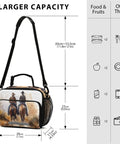 North American Desert Cowboy Insulated Lunch Bag With Buckle Handle And Detachable Adjustable Shoulder Strap, dimensions shown
