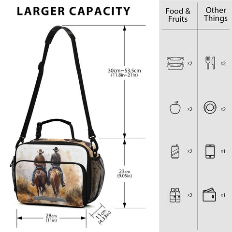 North American Desert Cowboy Insulated Lunch Bag With Buckle Handle And Detachable Adjustable Shoulder Strap, dimensions shown