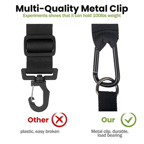 Comparison of plastic and metal clasps on Heavy Duty Trimmer Strap Harness For Weed Eater With Upgraded Elastic Part And Metal Clasp