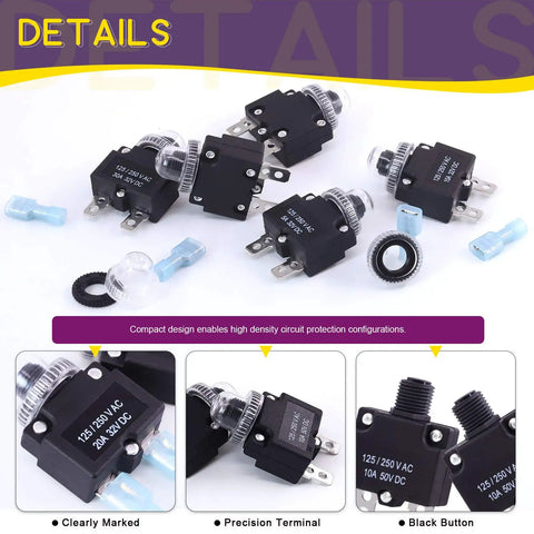 Thermal Circuit Breaker Kit With Quick Connect Terminals And Waterproof Button Caps 30Pcs 5 Sizes Displayed With Accessories