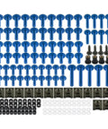 177 Piece Motorcycle Fairing Bolt Kit For YZFR6 YZFR1 YZFR3 YZFR7 With Windshield Screws Fasteners Nuts Clips Washers Replacement Black Premium Stainless Steel Construction For Long Lasting Strength Easy Install And Universal Fit For Bike Body. Blue bolts and clips laid out