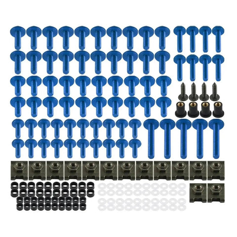 177 Piece Motorcycle Fairing Bolt Kit For YZFR6 YZFR1 YZFR3 YZFR7 With Windshield Screws Fasteners Nuts Clips Washers Replacement Black Premium Stainless Steel Construction For Long Lasting Strength Easy Install And Universal Fit For Bike Body. Blue bolts and clips laid out