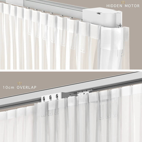 Top Shelf Motorized Smart Electric Curtain Track showing hidden motor and 10cm overlap design for seamless installation.