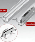 Image of Double Track Sliding Door Hardware Kit For 3 To 5mm Glass Or Wood Doors Aluminum Bypass Track With Four Silent Rollers, showing dimensions and parts of upper and lower tracks.