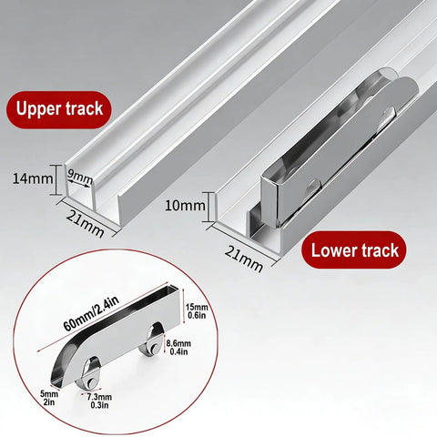 Image of Double Track Sliding Door Hardware Kit For 3 To 5mm Glass Or Wood Doors Aluminum Bypass Track With Four Silent Rollers, showing dimensions and parts of upper and lower tracks.