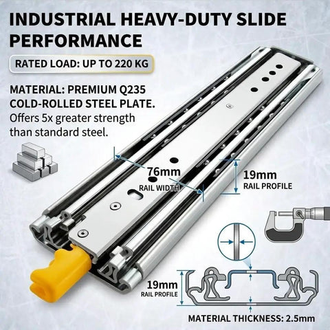 Heavy Duty Drawer Slides With Lock 500lb Full Extension Fleet Grade Locking Lever For Commercial Vans And Utility Vehicles Keeps Heavy Tool Drawers Secure Through Sharp Turns And Sudden Stops, 76mm steel slide