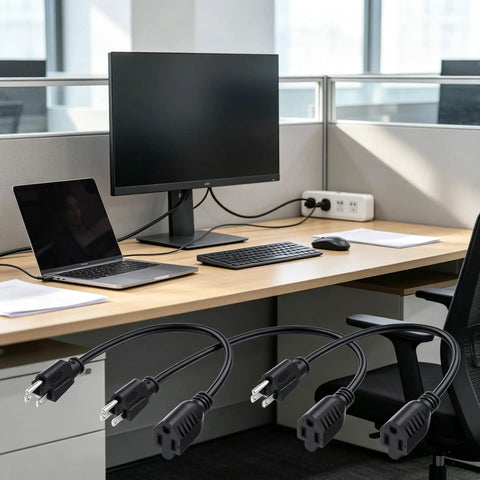 Three Six Pack 16 Awg 13 Amp Heavy Duty Indoor Extension Cords One Foot with grounded plugs on an office desk with a monitor and laptop.
